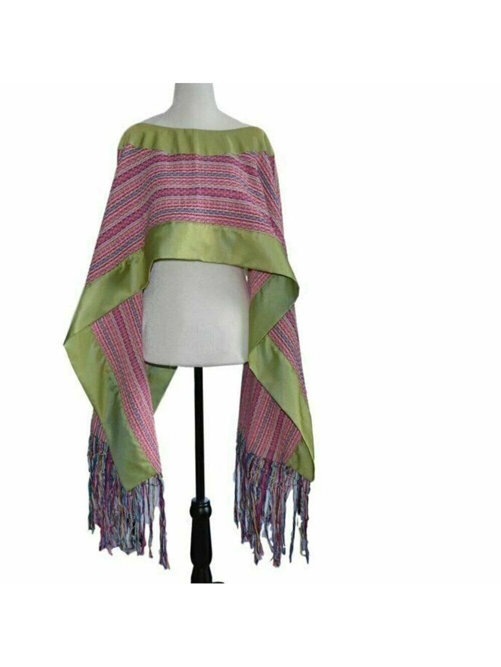 Mexican Shawl Handwoven Poncho Pink & Green OS